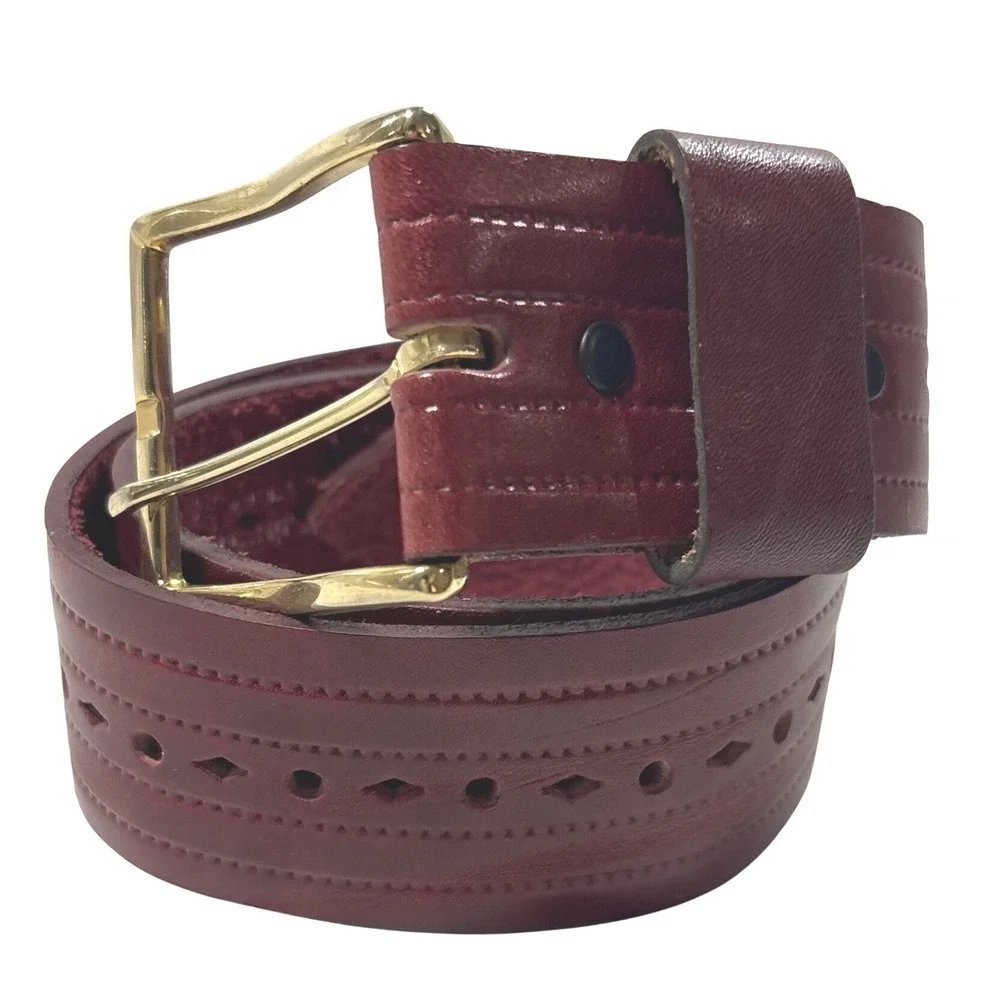 Vintage Burgundy Leather Belt Gold Buckle Perforated Diamond Stitched Wide Sz 36